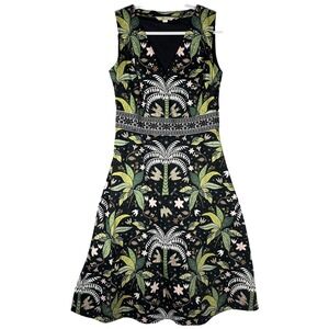 BODEN Palm Tree Bird Tropical Cotton Fit & Flare Midi Dress Sz 6 Black Stretch